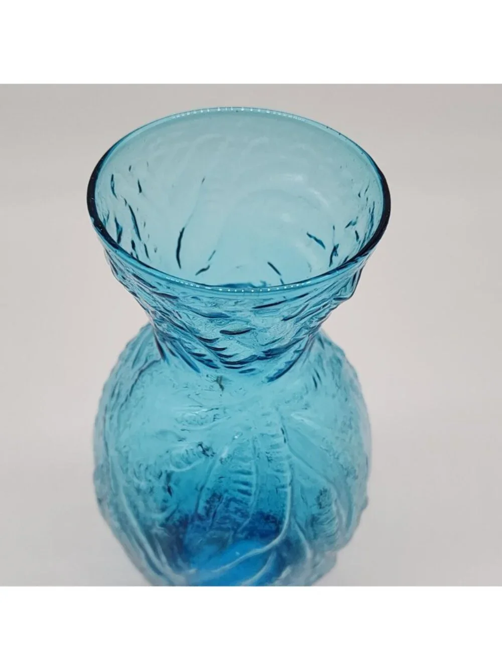 Blue Textured Glass Vase With Leaf Design 8-3/4